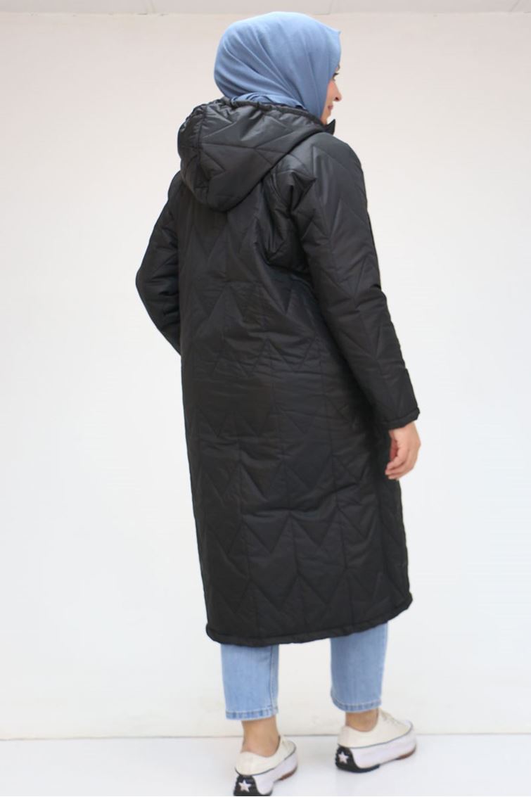 43048-E Büyük Beden Kapüşonlu Kapitone Kap - Siyah