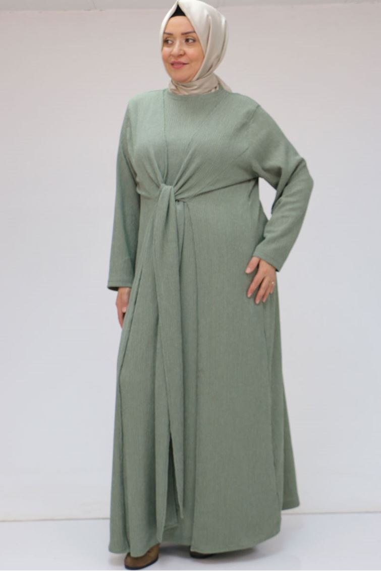 F-42034 Büyük Beden Önden Bağlamalı Panama Elbise - Nefti