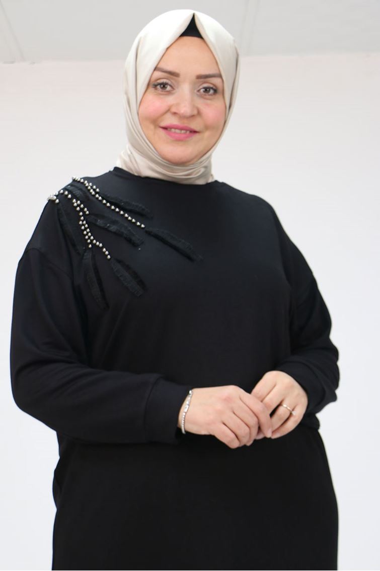 48117-E Büyük Beden Nakışlı Kristal Uzun Tunik - Siyah