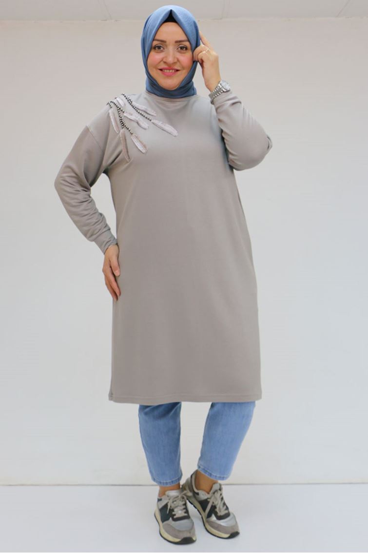 48117-E Büyük Beden Nakışlı Kristal Uzun Tunik - Gri