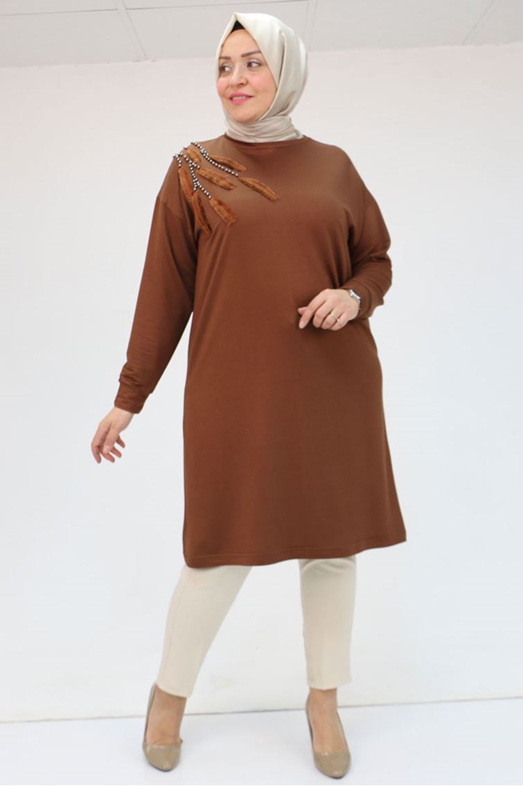 48117-E Büyük Beden Nakışlı Kristal Uzun Tunik - Kahve