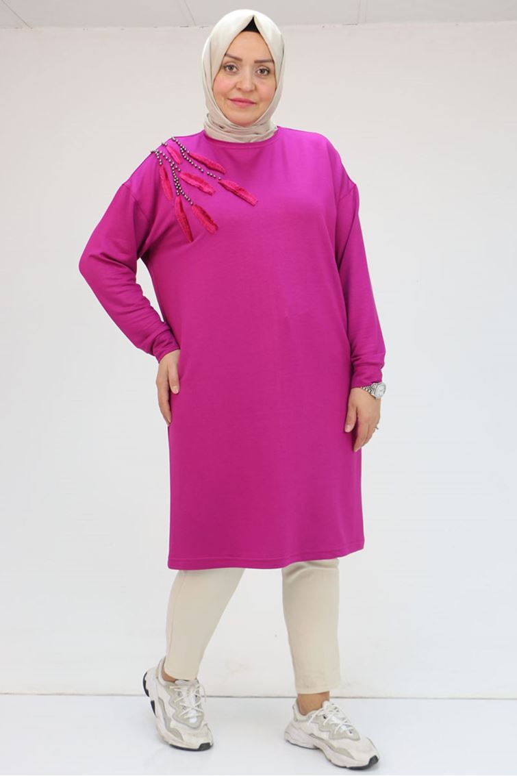 48117-E Büyük Beden Nakışlı Kristal Uzun Tunik - Fuşya 