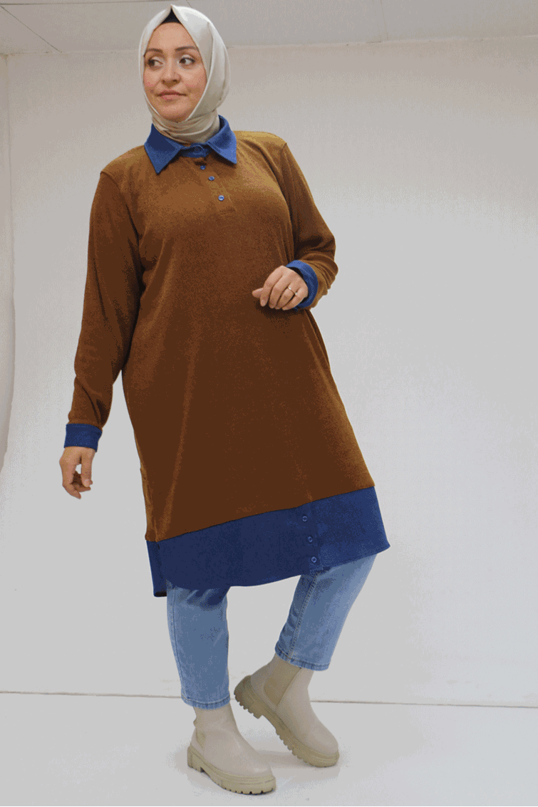 48104-E Büyük Beden Kot Detaylı Mir Tunik - Hardal