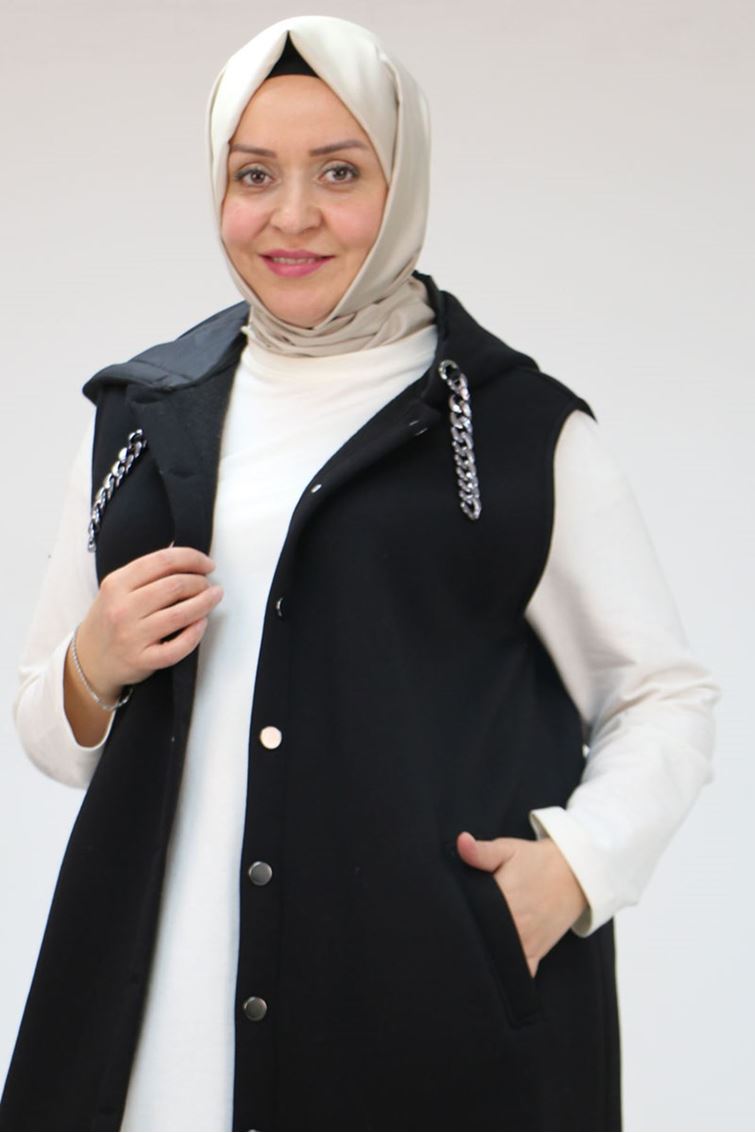 44008-E Büyük Beden Kapüşonlu Zincir Kordonlu Üç İplik Yelek - Siyah