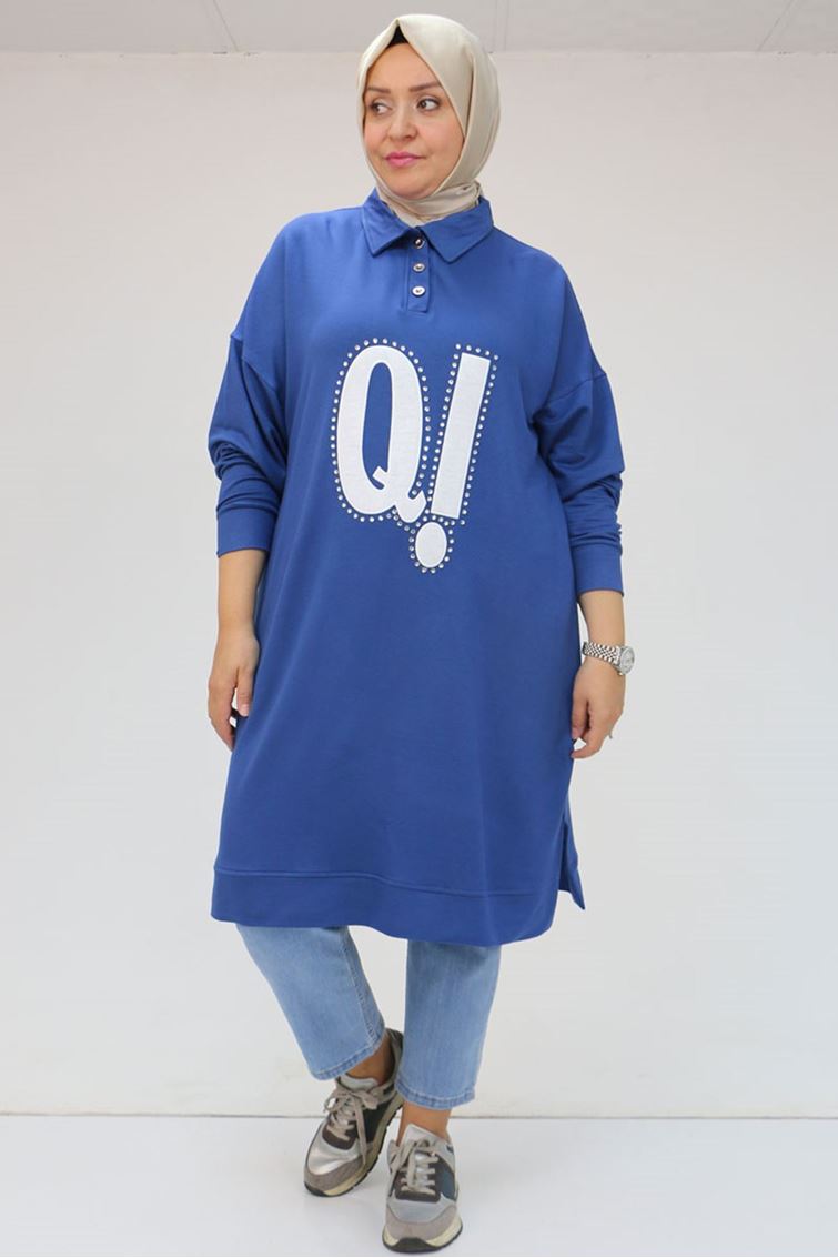 F-48071 Büyük Beden Erkek Yakalı Baskılı Kristal Tunik - İndigo