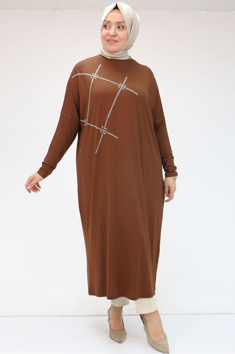 58020-E Büyük Beden Önü Taş Baskılı Penye Tunik - Kahve