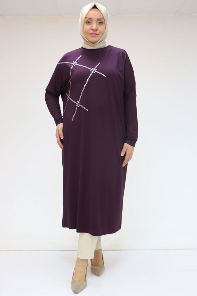 58020-E Büyük Beden Önü Taş Baskılı Penye Tunik - Mor