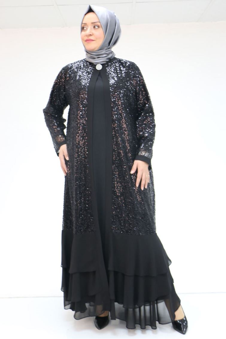 F-57201 Büyük Beden  Eteği Kat Kat Sandy -Pul Payet Elbise - Siyah