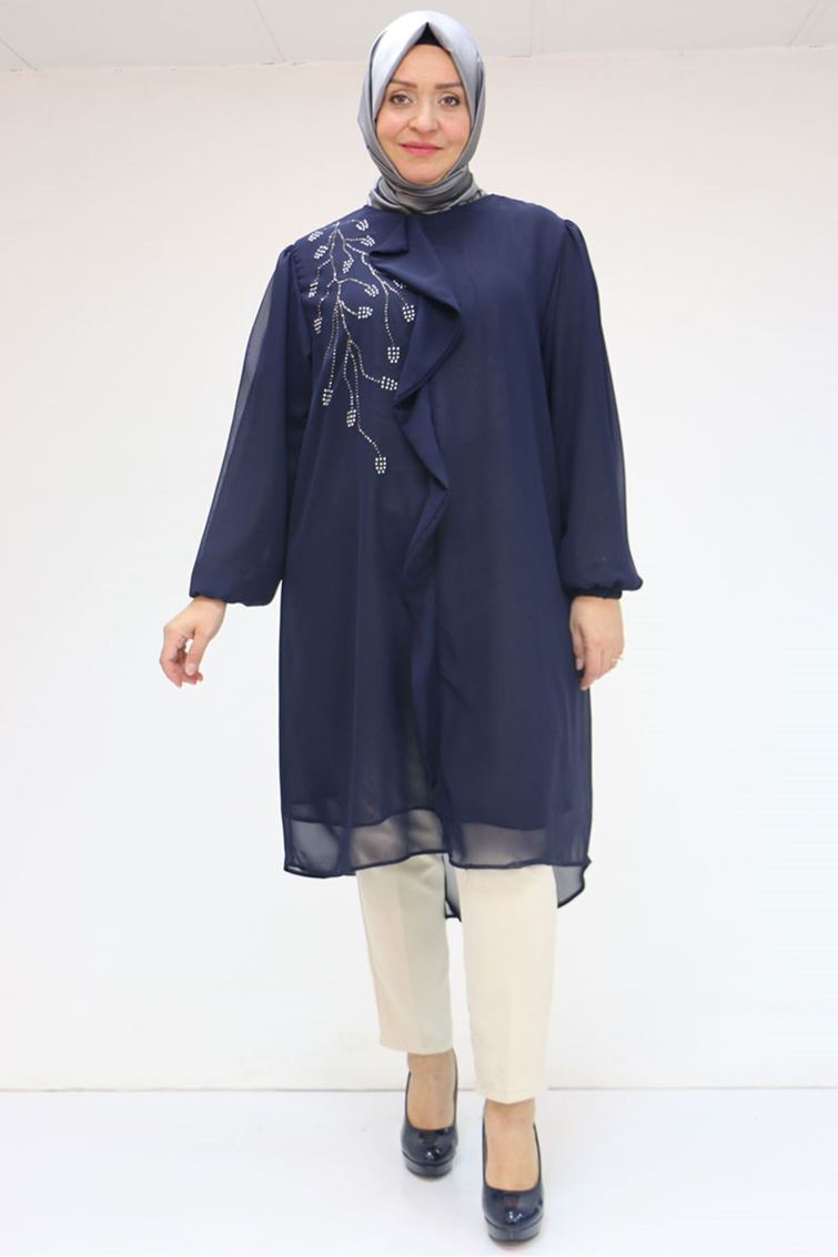 58016-E Büyük Beden Önü Volanlı Şifon Tunik - Lacivert