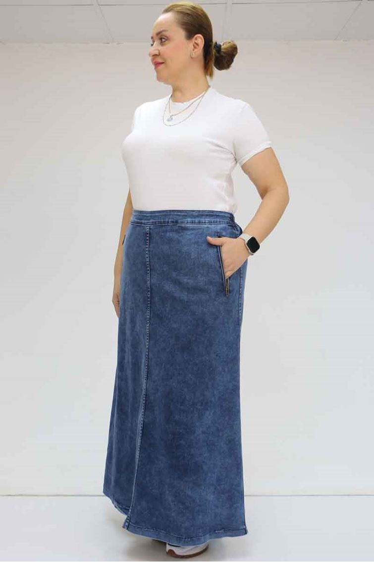 45011 Büyük Beden Fermuarlı Kot Etek - Mavi