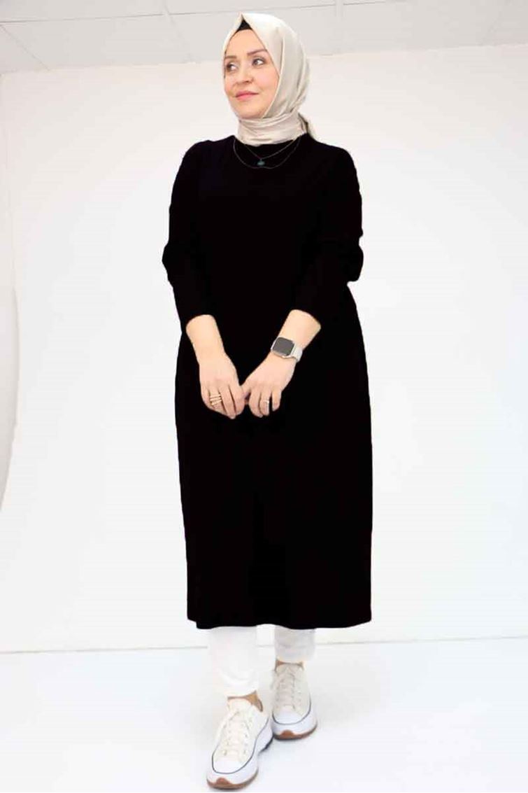 28095-E Büyük Beden Düşük Kol Penye Uzun Tunik - Siyah 