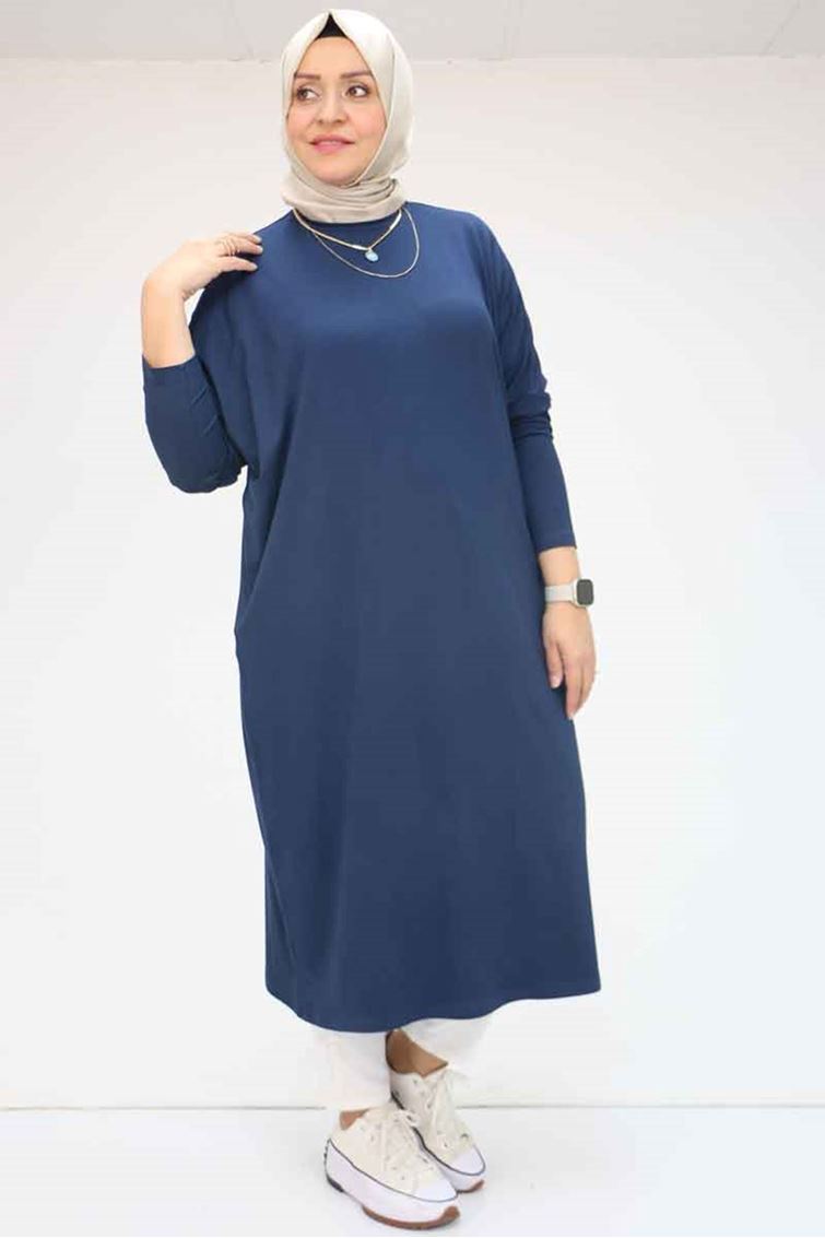 28095-E Büyük Beden Düşük Kol Penye Uzun Tunik - Lacivert