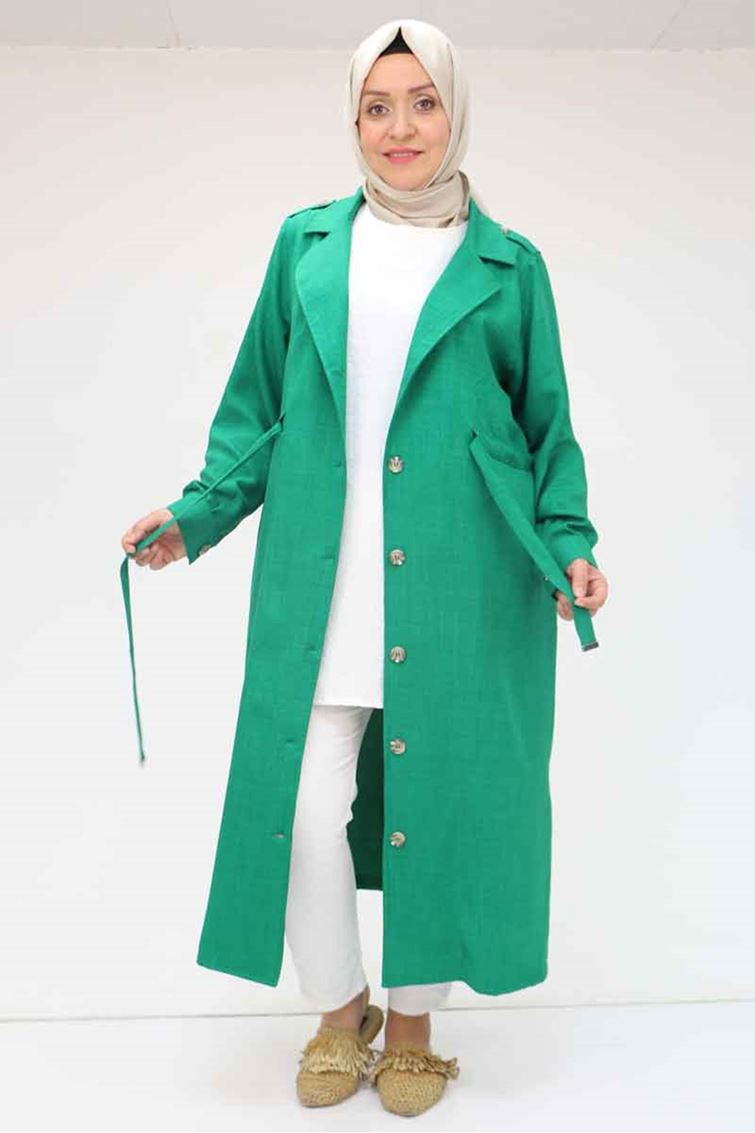 F-53004 Büyük Beden Kendinden Kuşaklı Melanj Trençkot - Beneton