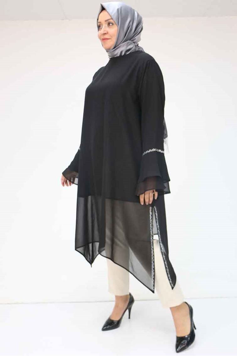 58018 Büyük Beden Kolu Volanlı Taş Baskılı Şifon Tunik - Siyah