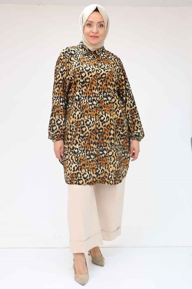 58031 Büyük Beden Erkek Yakalı Desenli Bürümcük Gömlek Tunik - Kahve Leopar