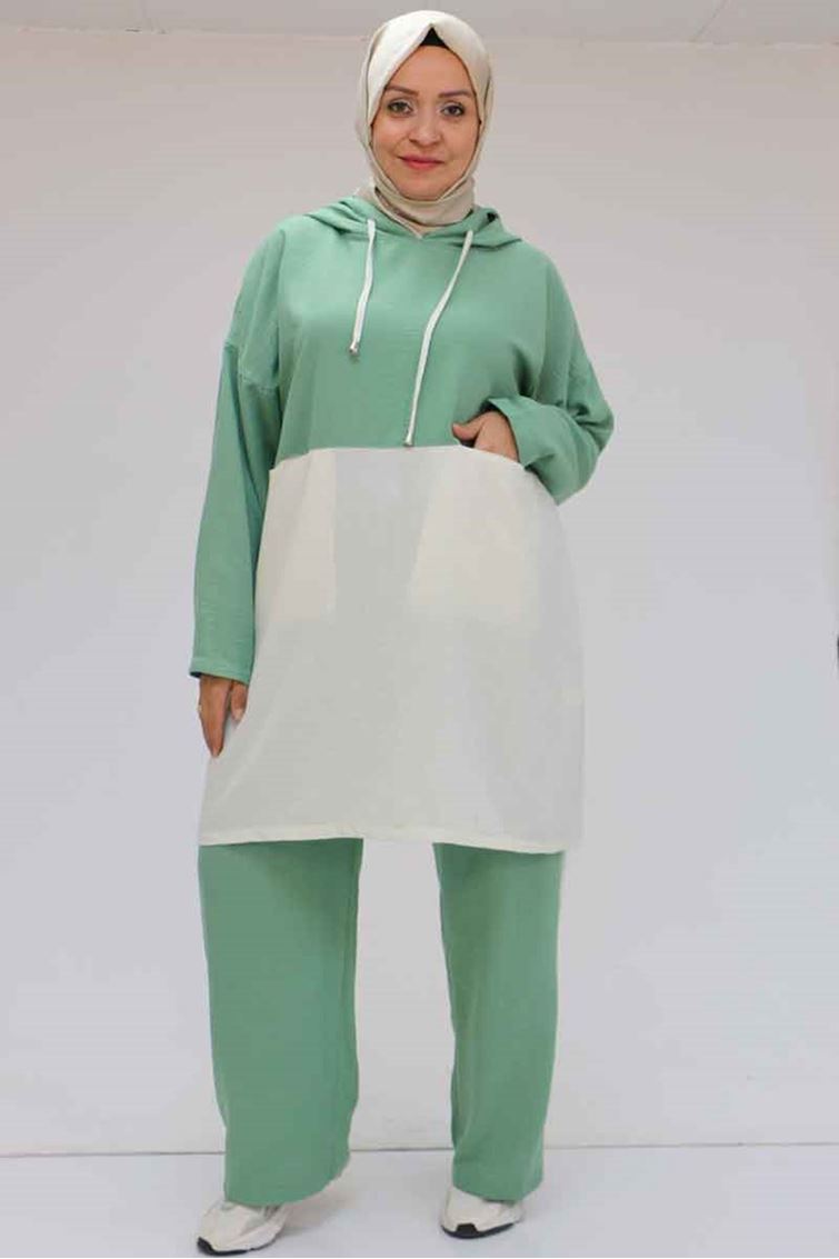 57008 Büyük Beden Kapşonlu Düşükkol Pantolonlu Takım - Nefti