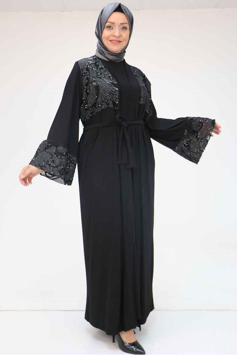 57203 Büyük Beden Sandy-Pul Payet Yelek-Elbise - Siyah