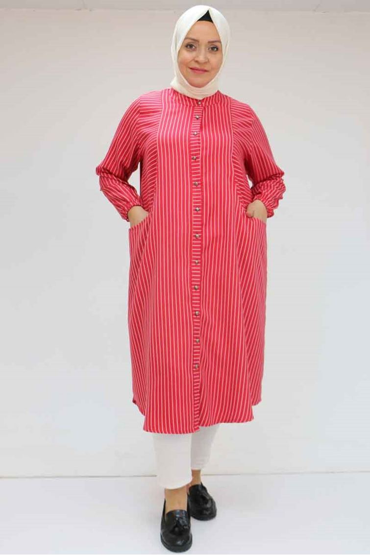 48072 Büyük Beden Kolları Lastikli Tunik - Kırmızı