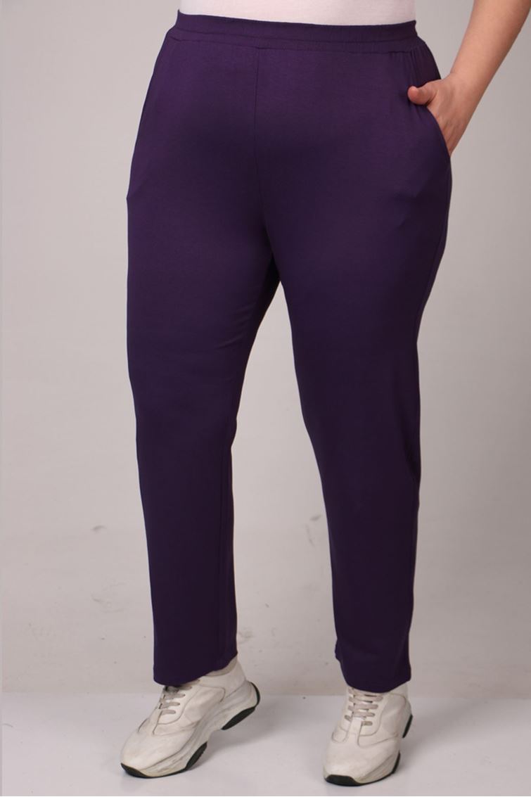 39001 Büyük Beden Yüksek Beli Lastikli Penye Pantolon - Mor