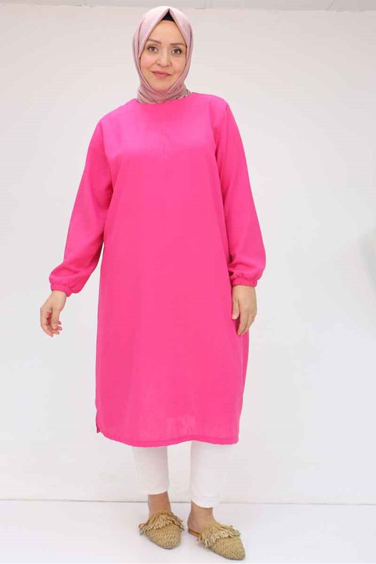 58057 Büyük Beden Kolları Lastikli Keten Tunik - Fuşya