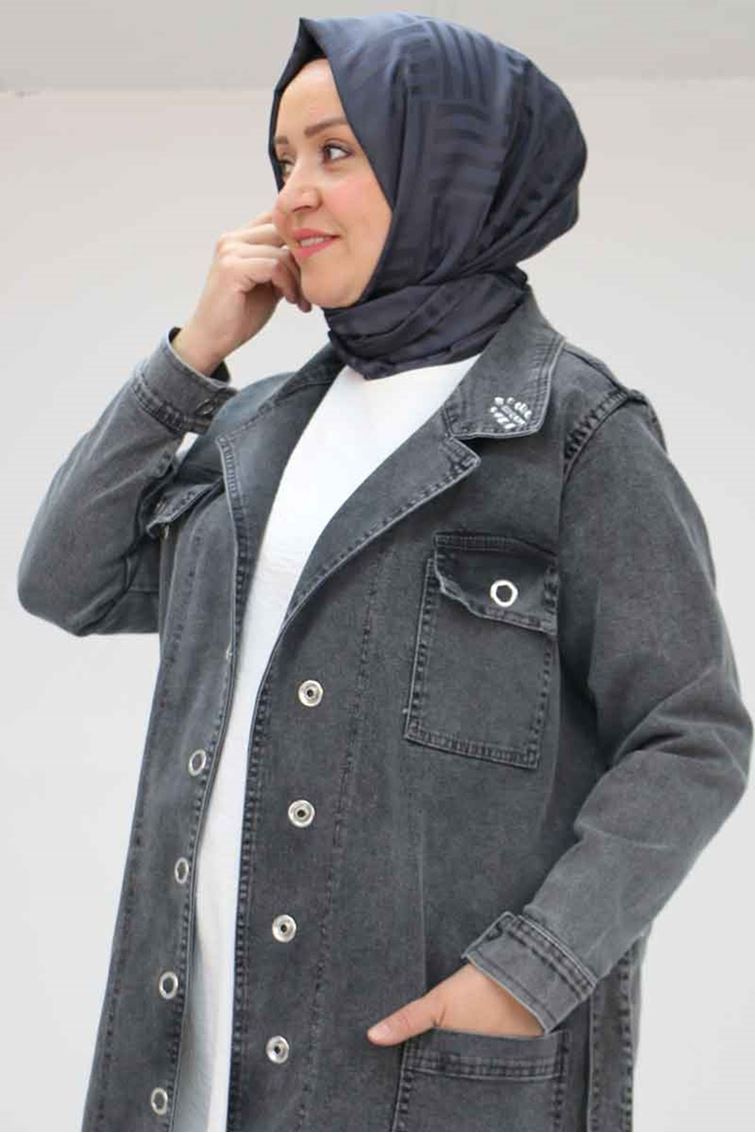 43070 Büyük Beden Taş İşlemeli Manşetli Kot Ceket - Siyah