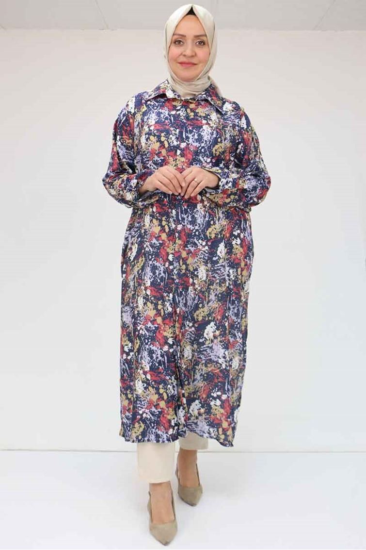 F-58053 Büyük Beden Desenli Jesica  Gömlek - Ebruli Lacivert