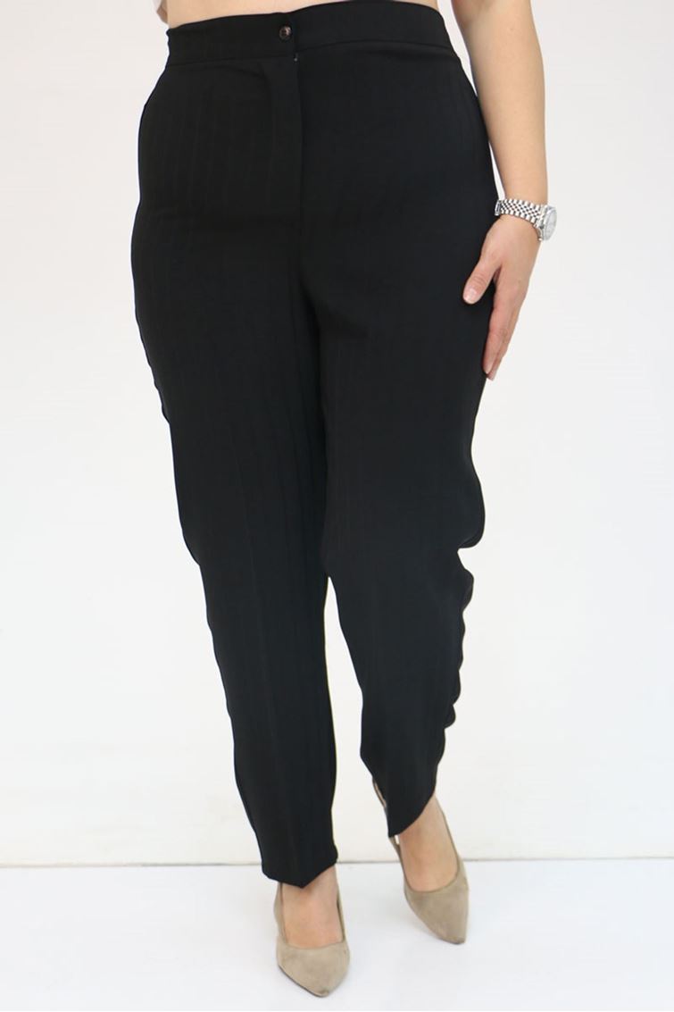 49034-E Büyük Beden Beli Yarım Lastikli  Çizgili Krep Pantolon - Siyah