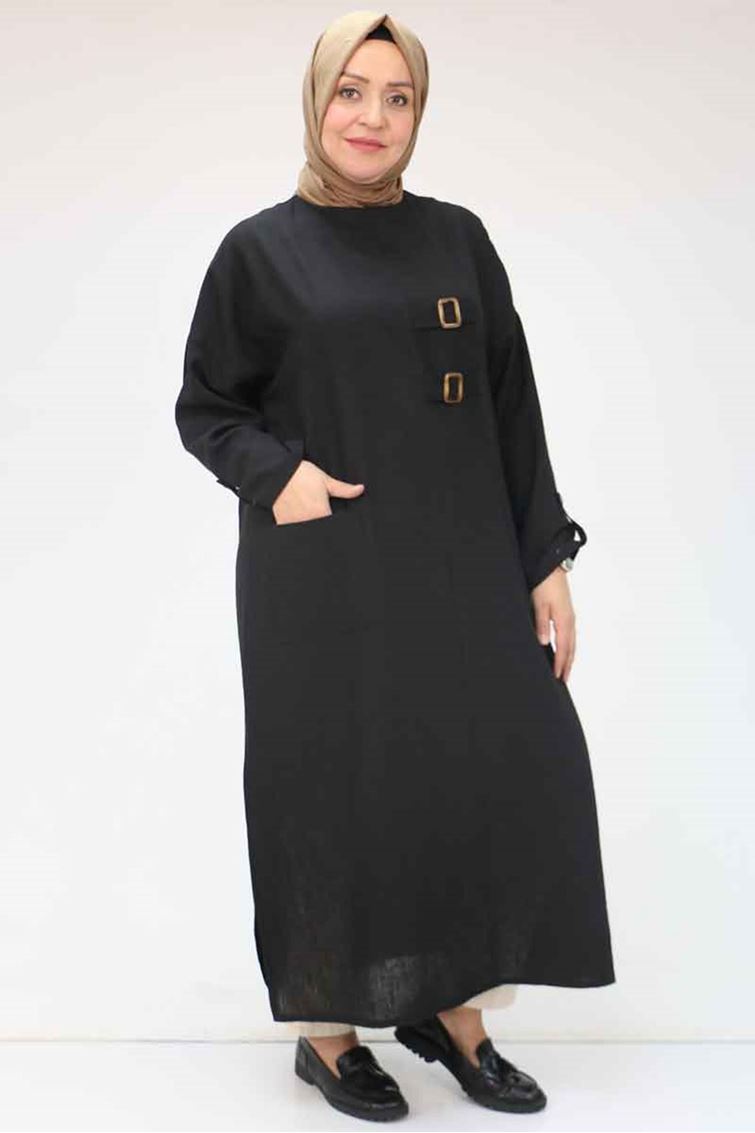 58014-E Büyük Beden Toka Detaylı Keten Tunik - Siyah