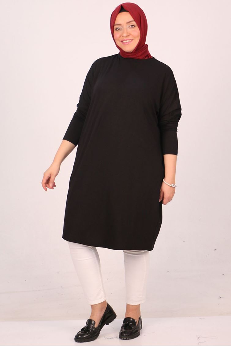 28092 Büyük Beden Düşük Kol Penye Tunik - Siyah
