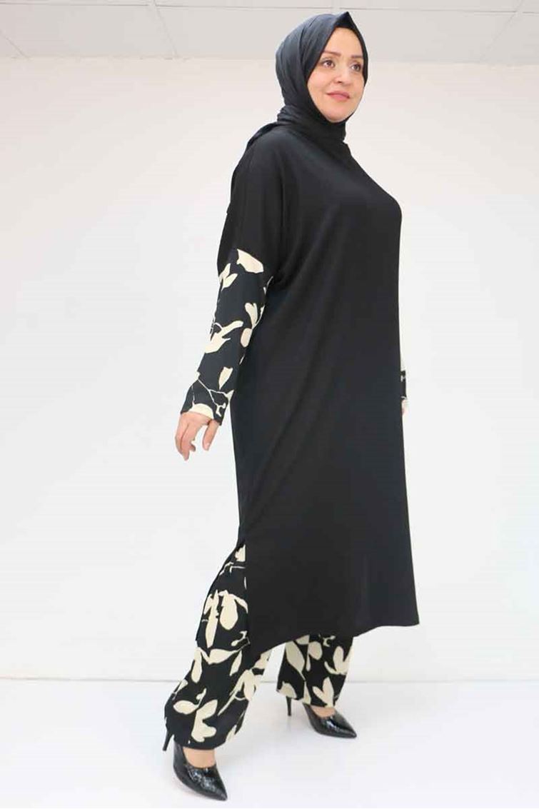 57015 Büyük Beden Renk Kombinli Pantolonlu Bürümcük Takım - Krem-Siyah