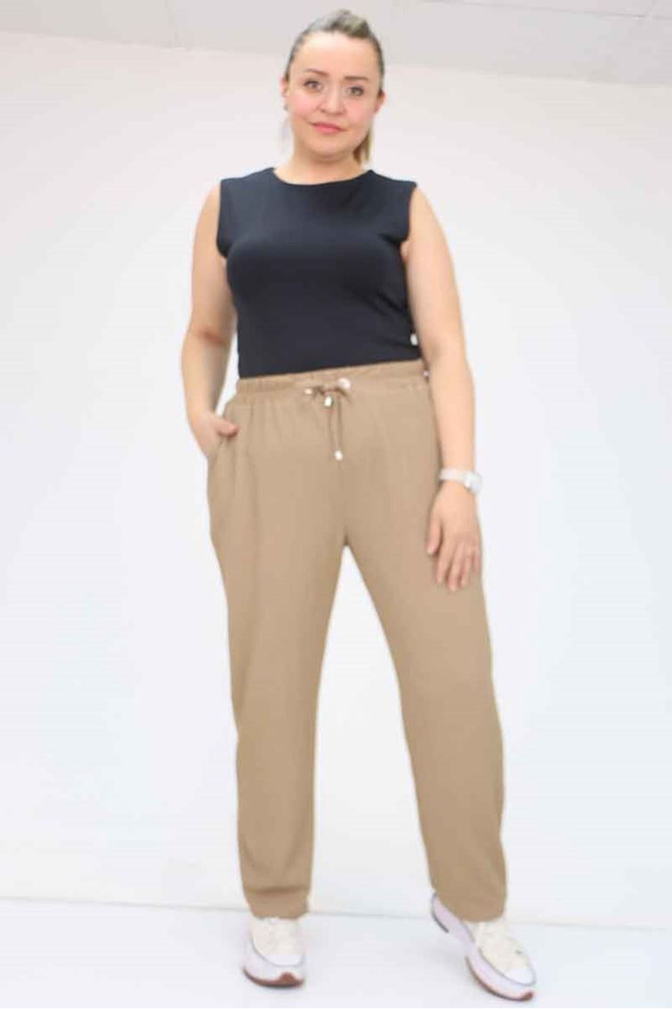 39011 Büyük Beden Bürümcük Dar Paça Pantolon - Vizon