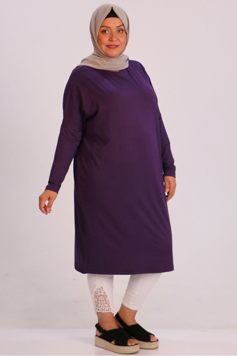 28092 Büyük Beden Düşük Kol Penye Tunik - Mor