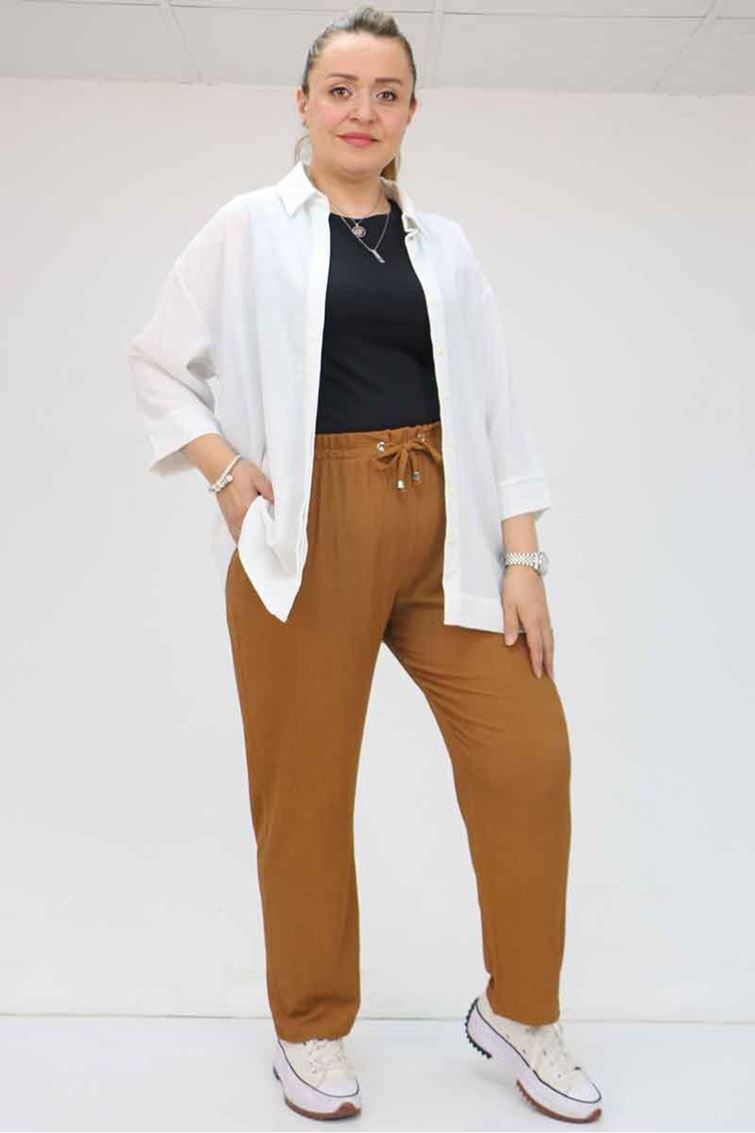 39011 Büyük Beden Lastikli Bürümcük Dar Paça Pantolon - Taba