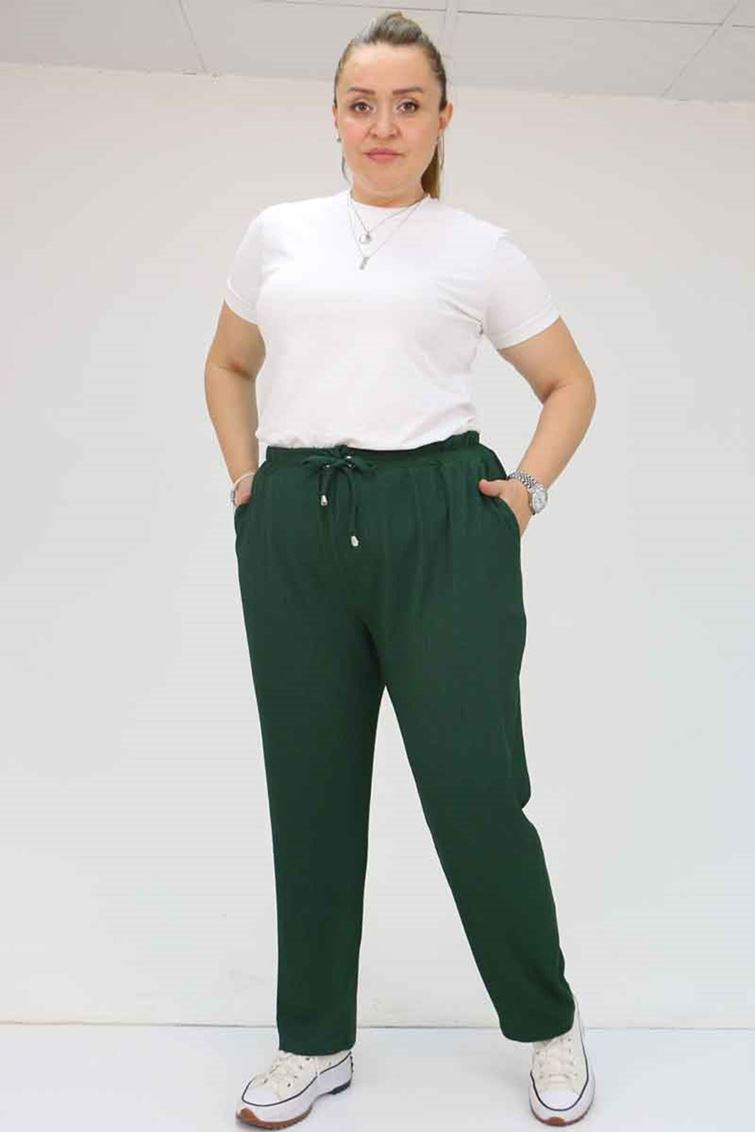 39011 Büyük Beden Lastikli Bürümcük Dar Paça Pantolon - Zümrüt