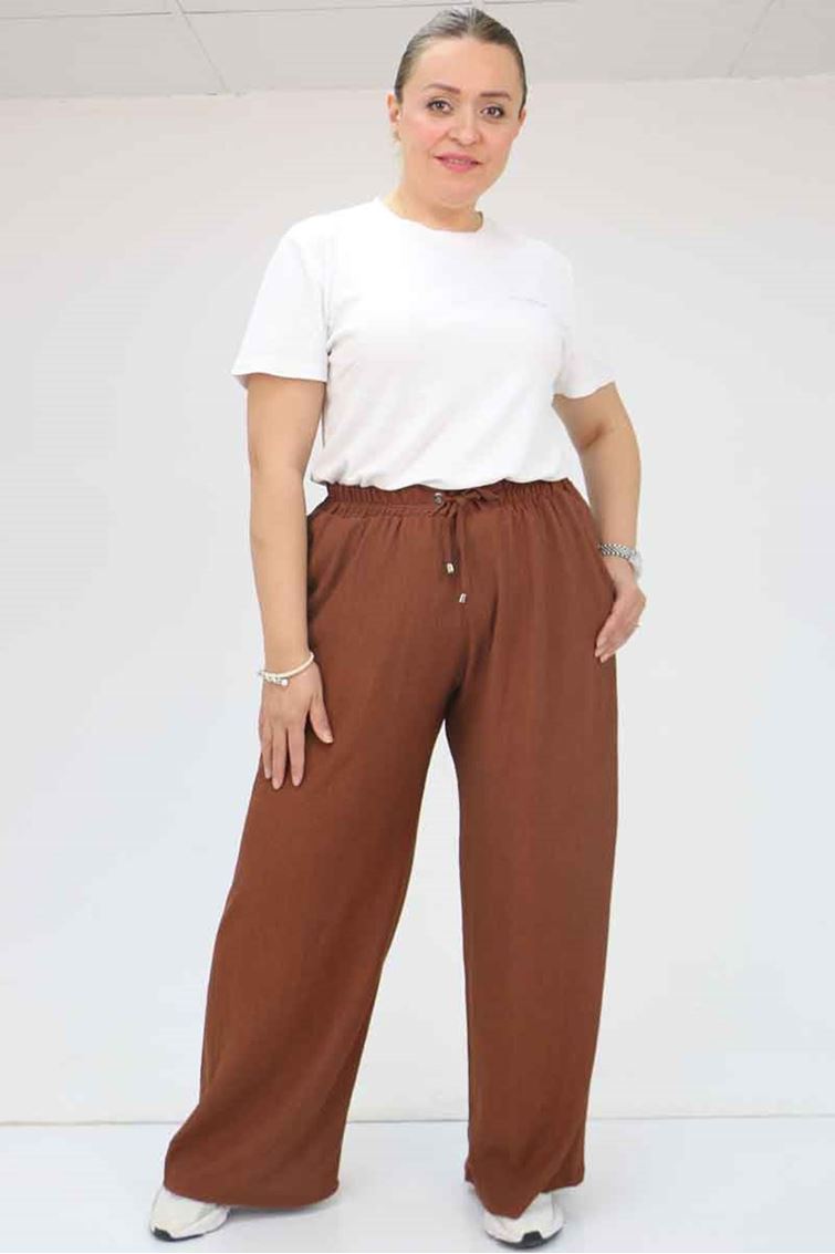 39012 Büyük Beden Bolpaça Bürümcük Pantolon - Taba