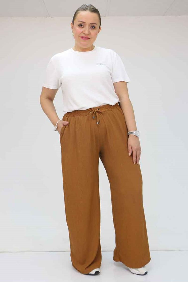 39012 Büyük Beden Bolpaça Bürümcük Pantolon - Kahve