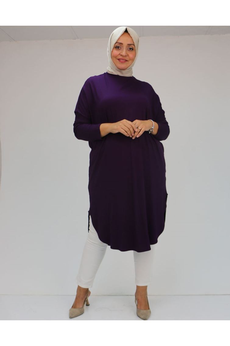 38110  Büyük Beden Düşük Kol Penye Tunik - Mürdüm