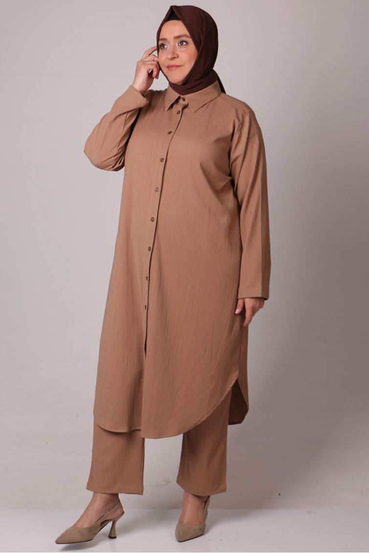 37013 Büyük Beden Düğmeli Bürümcük Pantolonlu Takım - Vizon