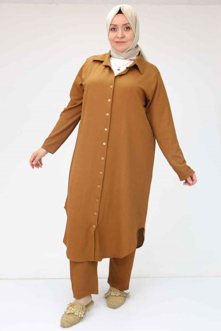 37013 Büyük Beden Bürümcük Pantolonlu Takım - Taba