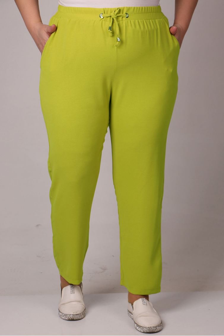 F-39003 Büyük Beden Beli Lastikli Dar Paça Burberry Pantolon-Yağ Yeşili