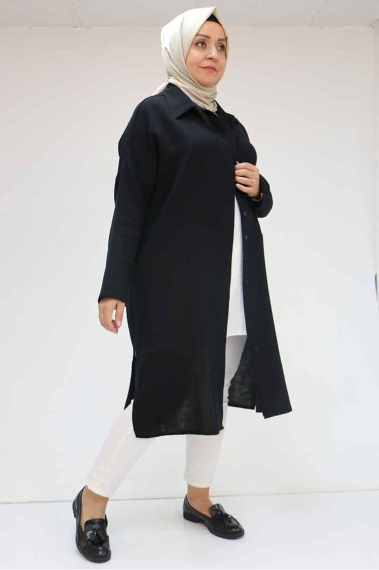 F-58064 Büyük Beden Müslin Düşük Kol Gömlek - Siyah