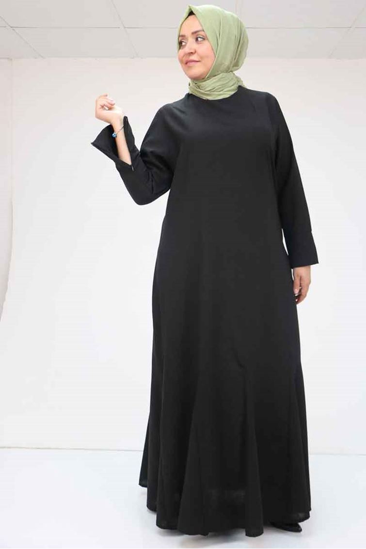 F-52003 Büyük Beden Kalın Manşetli Keten Elbise - Siyah