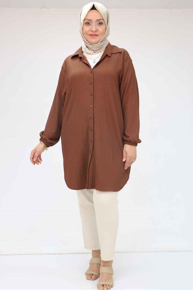 F-58007 Büyük Beden Erkek Yakalı Bürümcük Gömlek - Taba