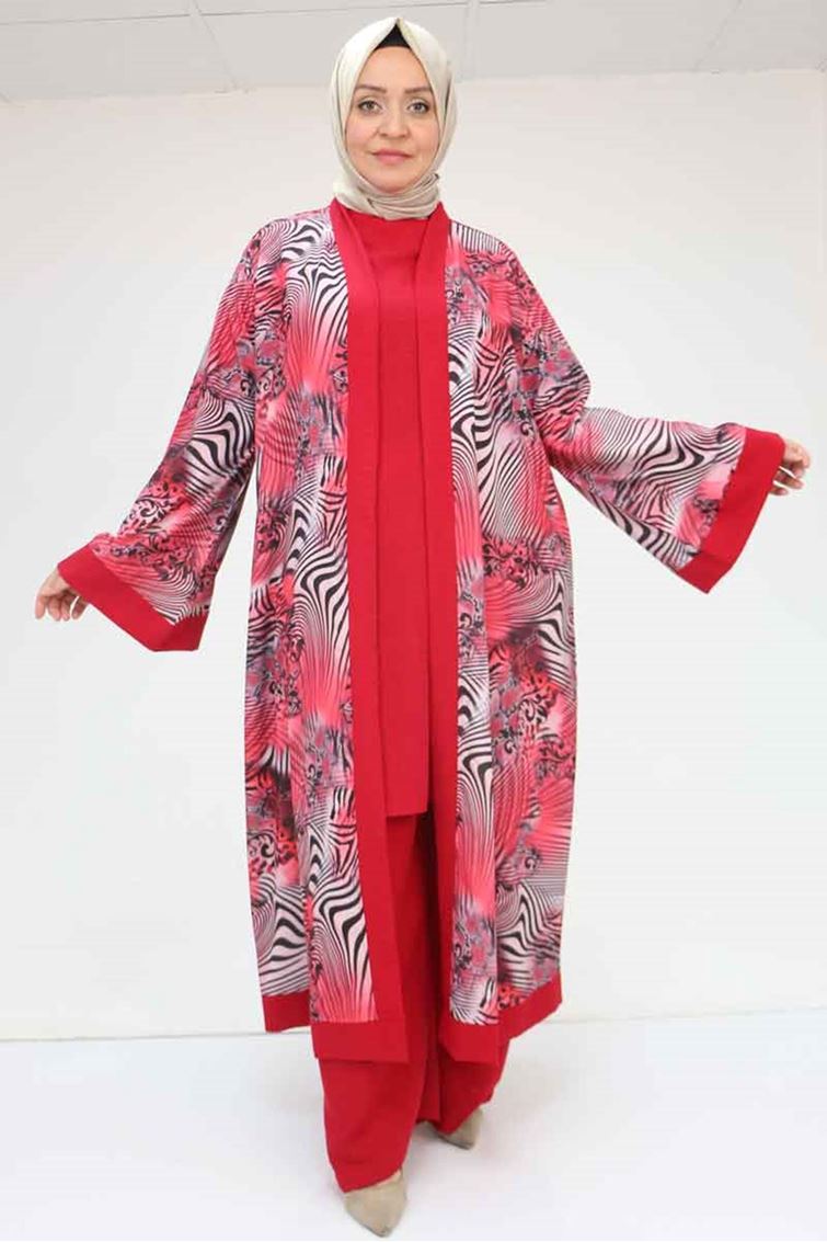 57301 Büyük Beden Farklı Kumaş Kombinli Üçlü Takım - Bordo