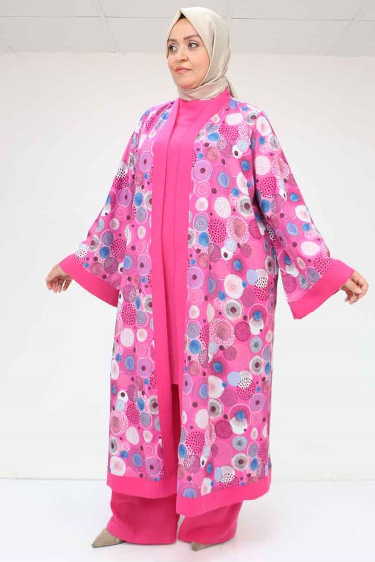 57301 Büyük Beden Farklı Kumaş Kombinli Üçlü Takım - Fuşya