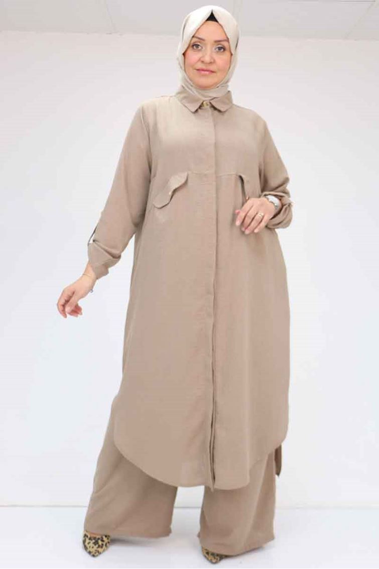 57024 Büyük Beden Erkek Yakalı Önü Patlı Pantolonlu Takım - Vizon