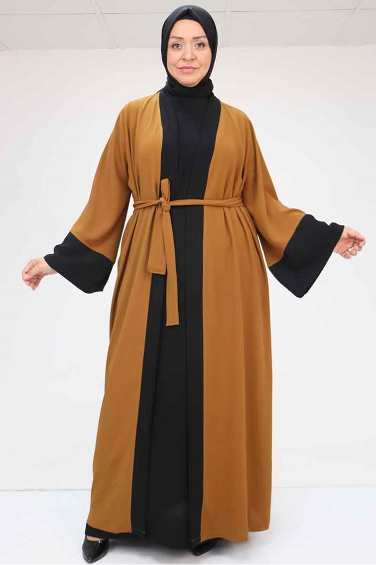 57204 Büyük Beden Patı Garnili Etamin Elbiseli Abaya - Taba-Siyah