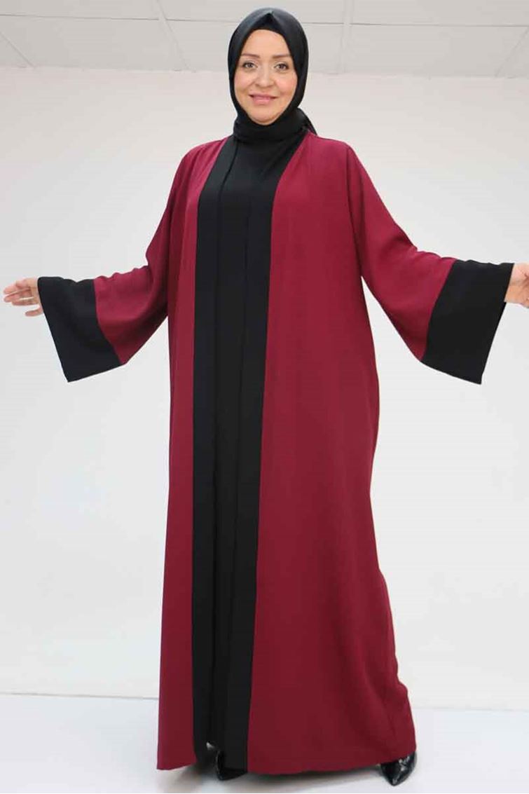 57204 Büyük Beden Patı Garnili Etamin Elbiseli Abaya - Bordo-Siyah