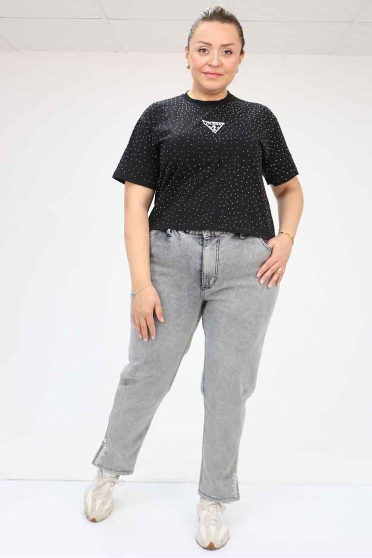 49023 Büyük Beden Arkası Lastikli Kemerli Kot Pantolon - Gri