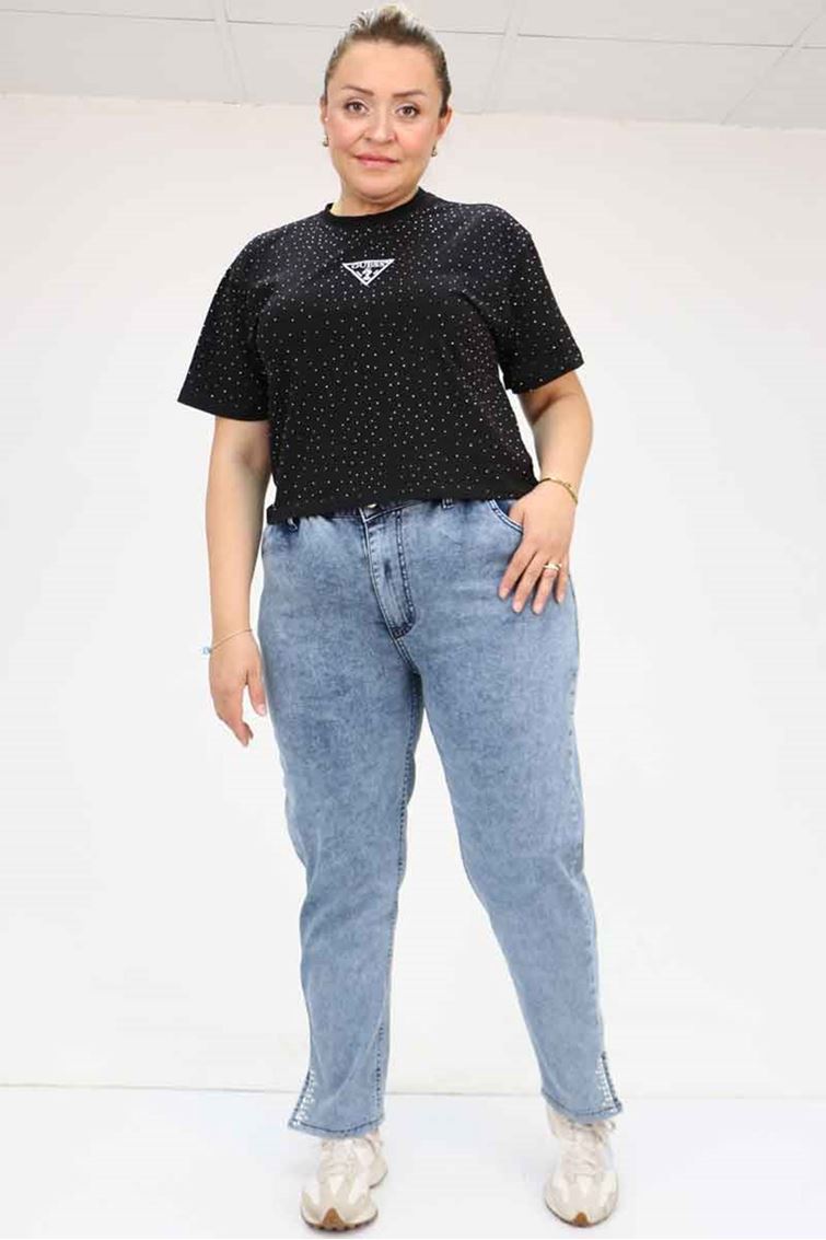 49023 Büyük Beden Arkası Lastikli Kemerli Kot Pantolon - Mavi